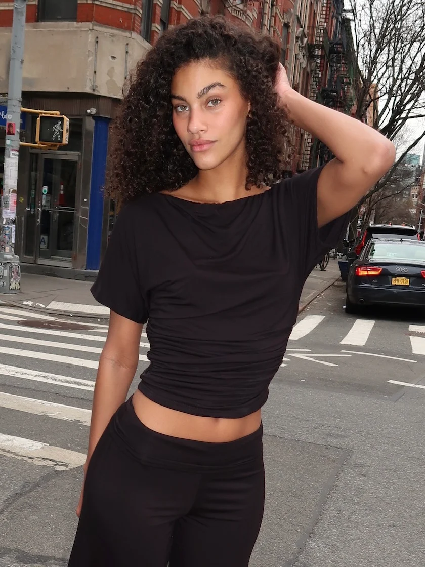 Rayae Asym Short Sleeve Top in Black - Image 2