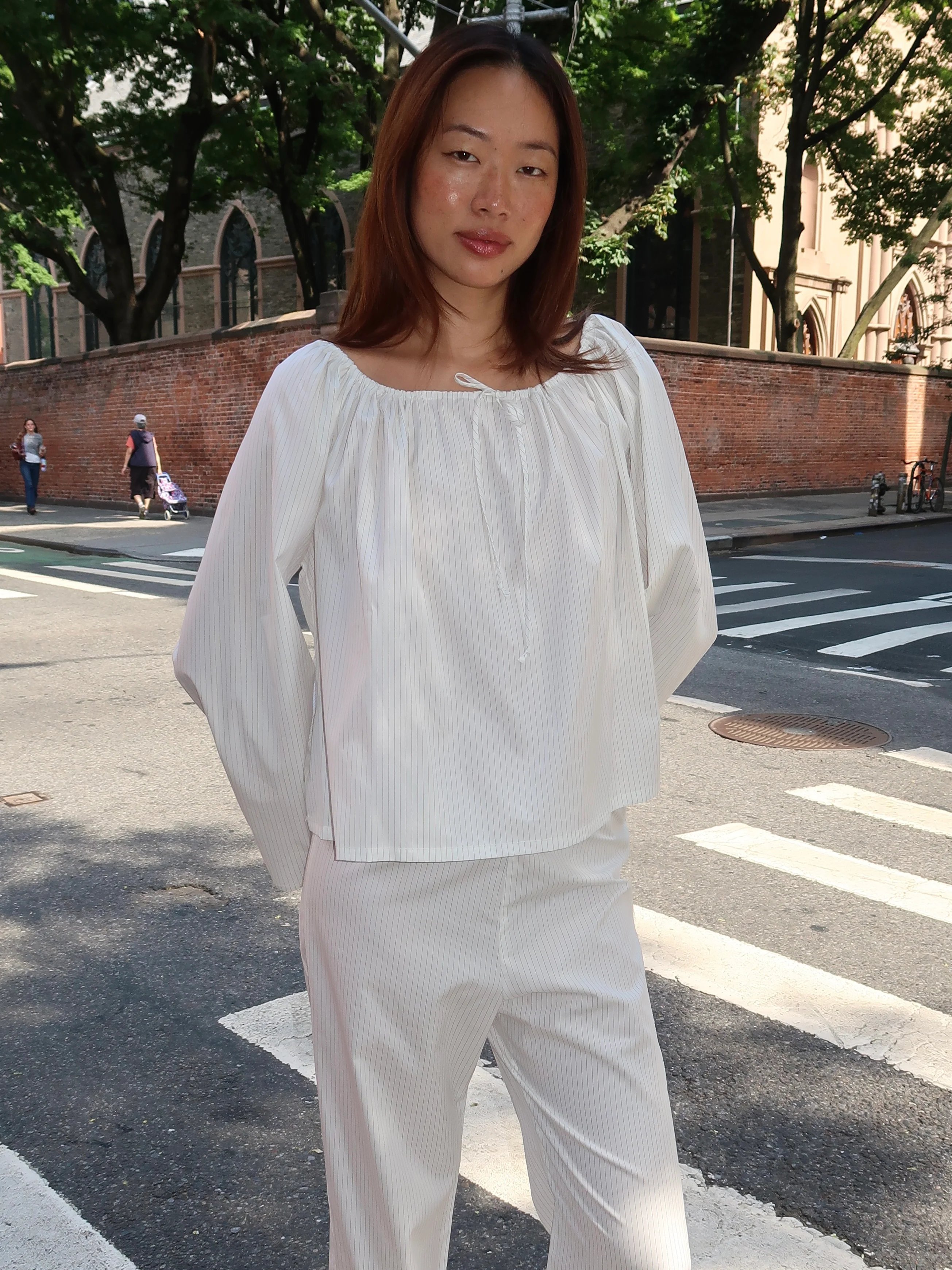 The Pop Pinstripe Tie Top in Powder - Image 2