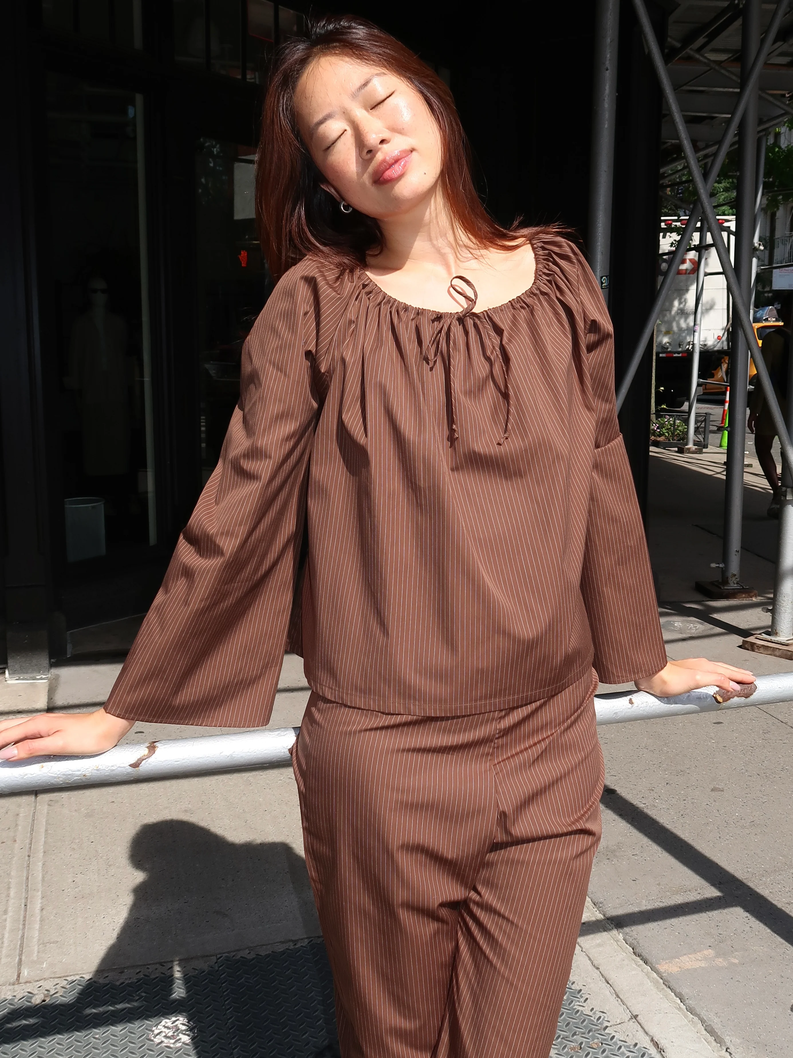 The Pop Pinstripe Tie Top in Walnut - Image 4